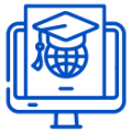 A blue computer with a globe that has a graduate hat on.